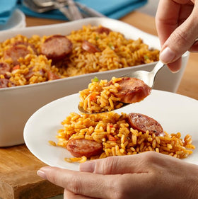 Close-up of vegetables in Zatarain's jambalaya mix