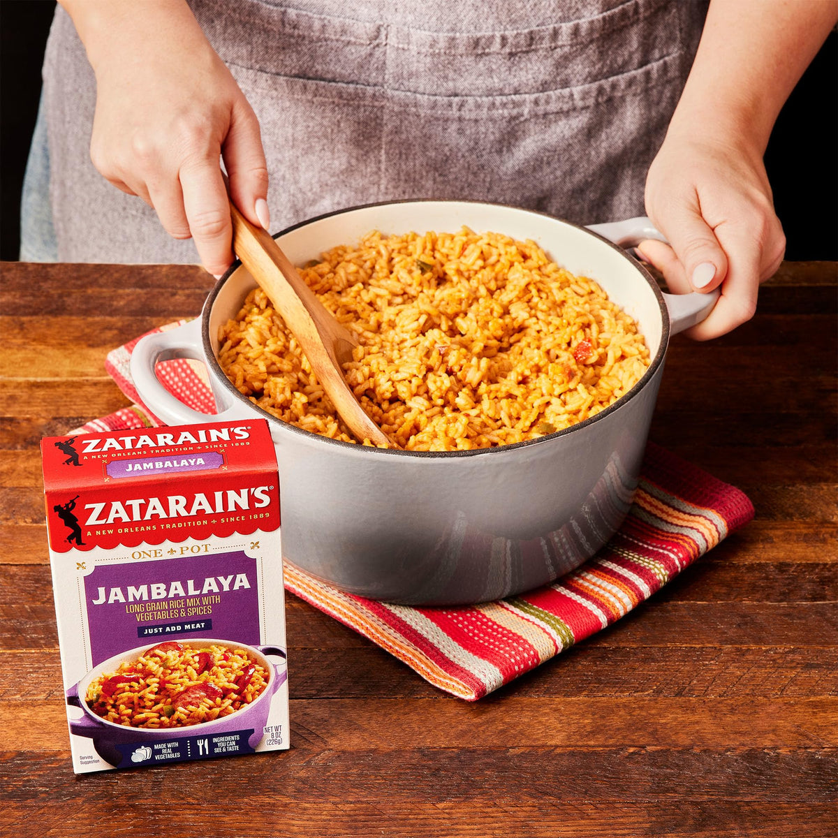 Zatarain's Jambalaya with shrimp add option highlights protein boost.