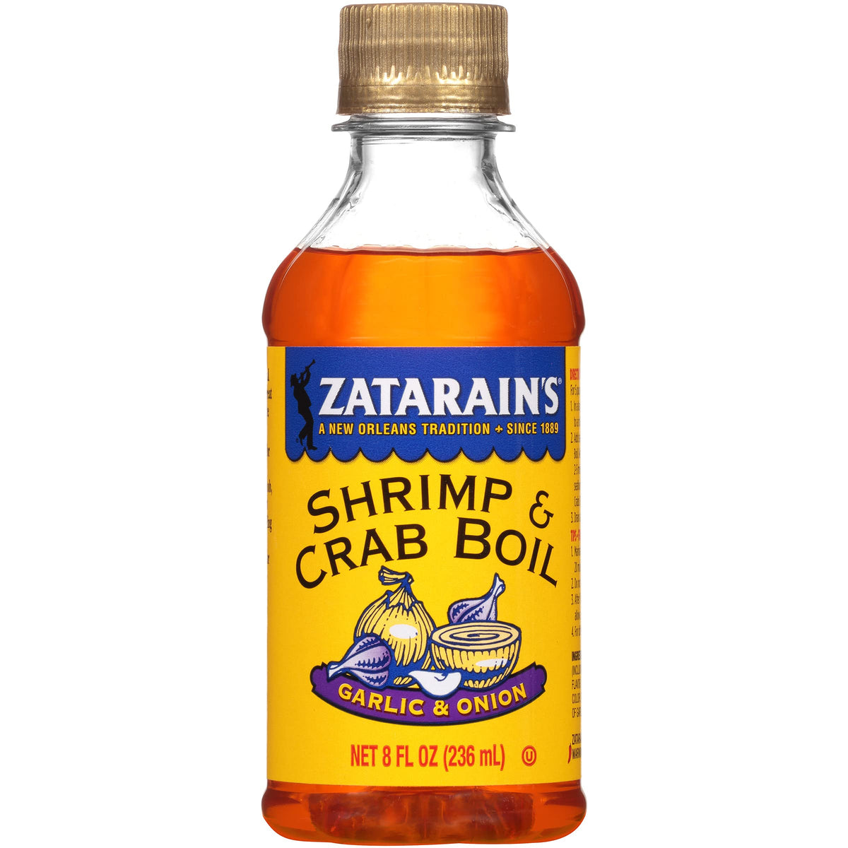 Zatarain's liquid shrimp boil bottle ready for seafood boils with bold garlic and onion flavor.