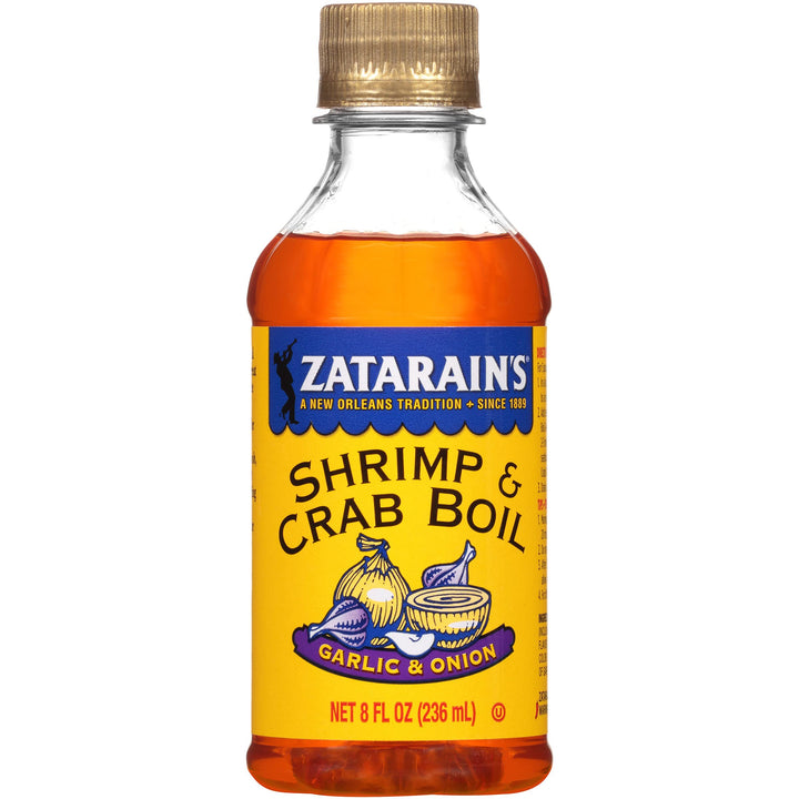 Zatarain's liquid shrimp boil bottle ready for seafood boils with bold garlic and onion flavor.