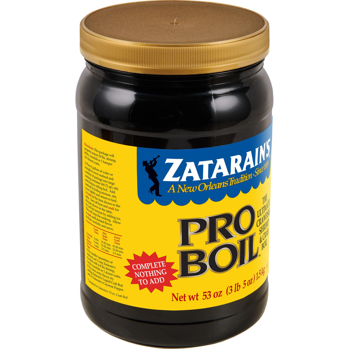 Zatarain's Pro Boil 53oz seafood boil ready image showing bold New Orleans flavor boost.