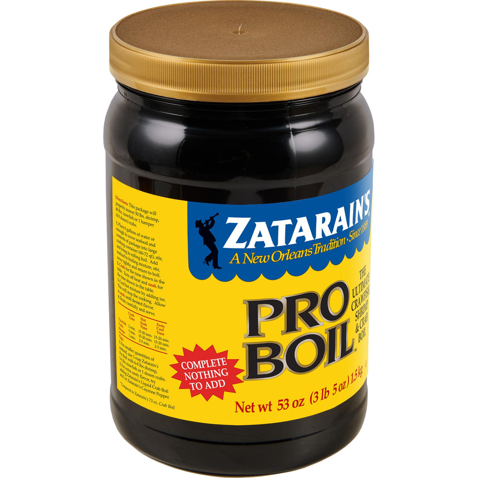 Zatarain's Pro Boil 53oz seafood boil ready image showing bold New Orleans flavor boost.