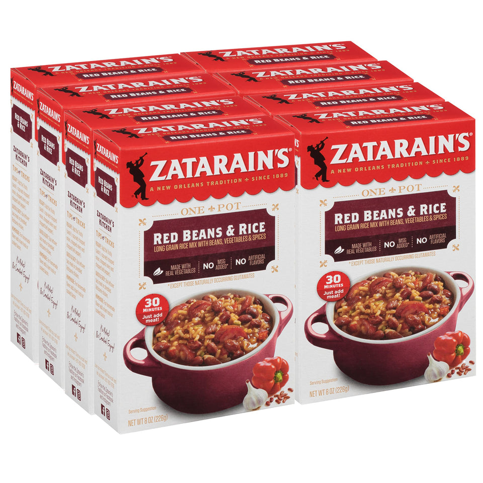 Zatarain's Red Beans & Rice packaging shows quick prep with long grain rice and beans