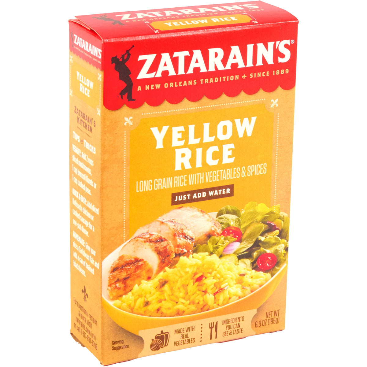 Zatarain's Yellow Rice package back highlights gluten-free, simple preparation