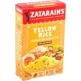 Zatarain's Yellow Rice package back highlights gluten-free, simple preparation