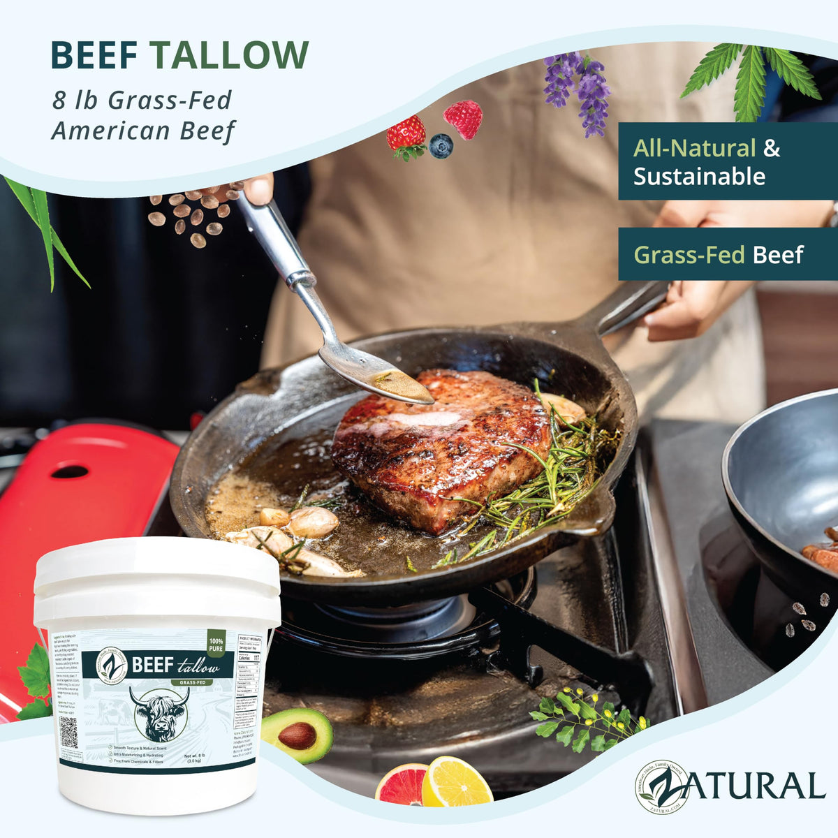 Zatural beef tallow ideal for pan-searing with a clean melt.