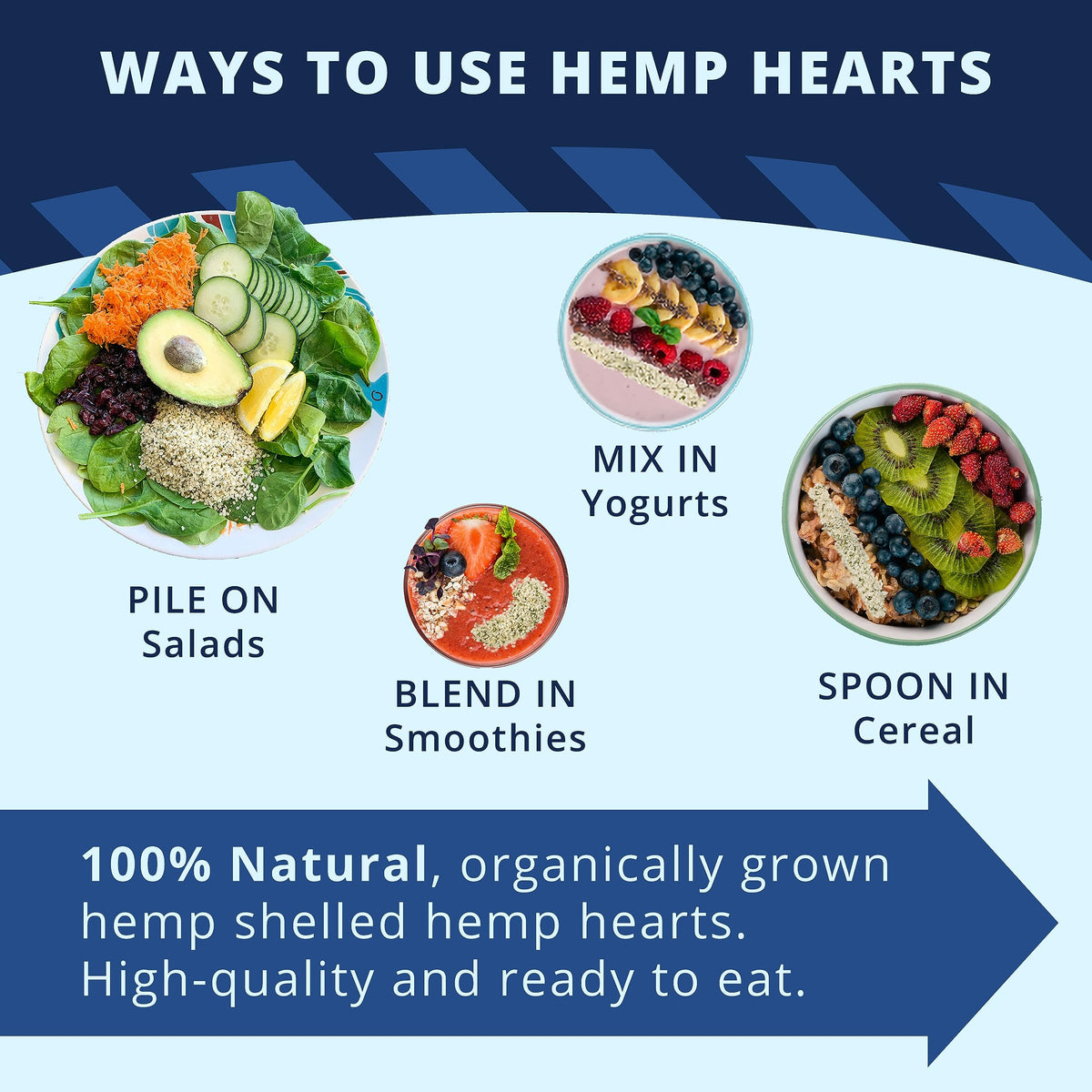 Zatural Hemp Hearts sprinkled on salad for crunch and plant protein