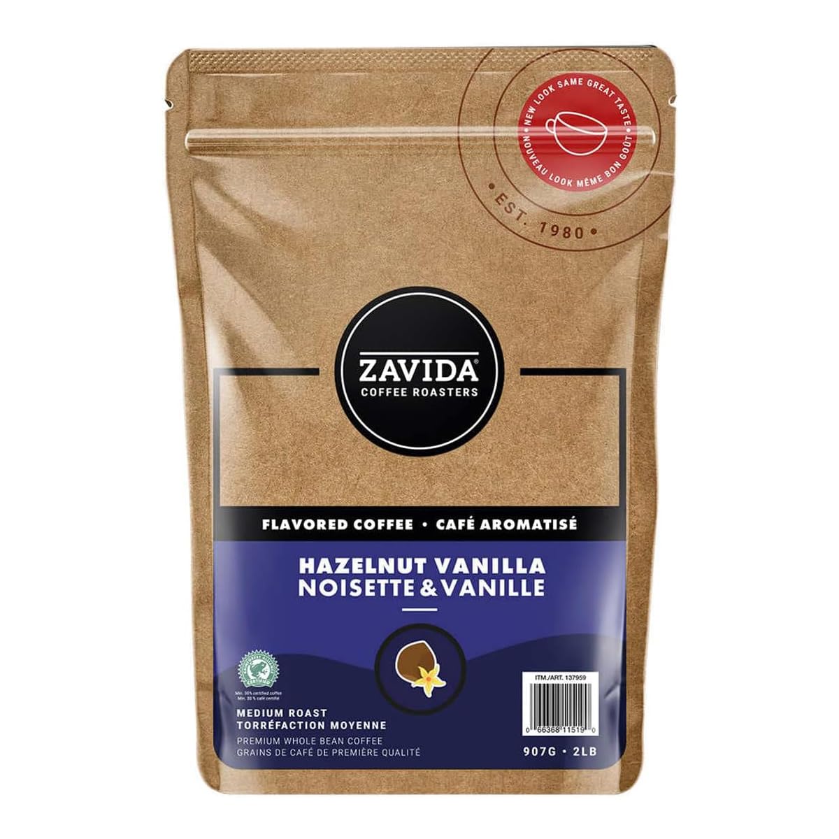 Zavida hazelnut vanilla whole bean coffee bag preserves freshness with resealable zipper and valve.