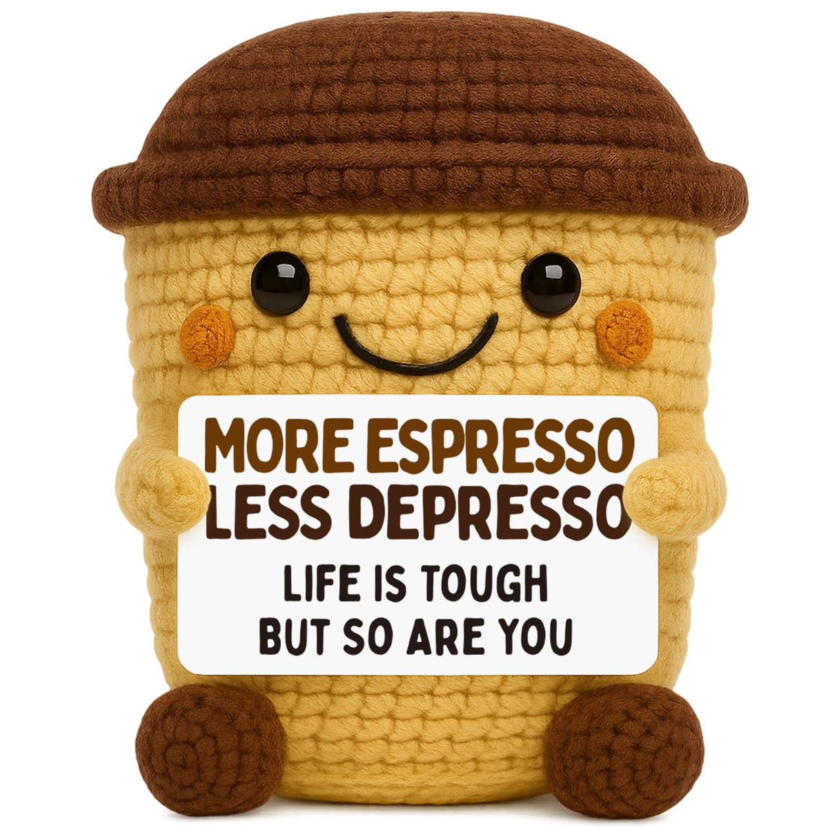 Zavvoolly crochet cup with More Espresso Less Depresso on a desk, promotes daily motivation