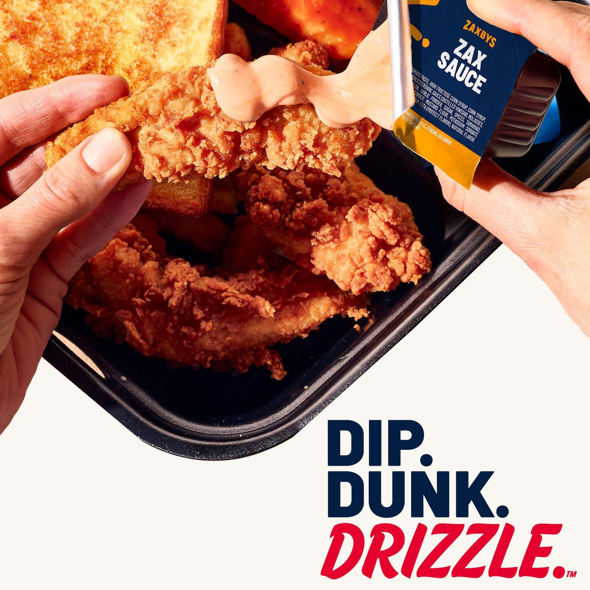 Zaxby’s Spicy Chicken Fingers dipping sauce ready.