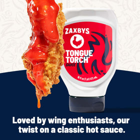 Zaxby's Tongue Torch Sauce bottle side view highlighting garlicky heat for meals.