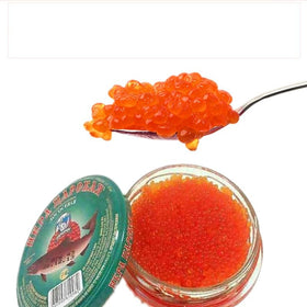 ZAYEMAIBUHAO salmon roe caviar jar with large red-orange pearls for elegant appetizers.
