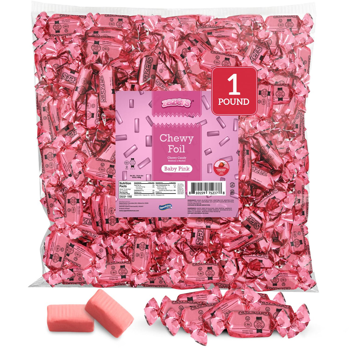 Zazers baby pink chewy foil candy in a 1lb bag for elegant party bowls