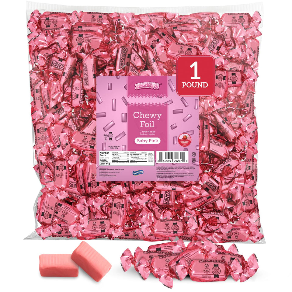 Zazers baby pink chewy foil candy in a 1lb bag for elegant party bowls
