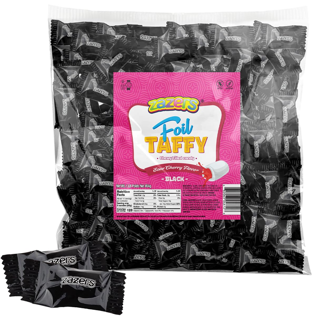Zazers black foil wrapped taffy bags for color-coordinated candy displays.