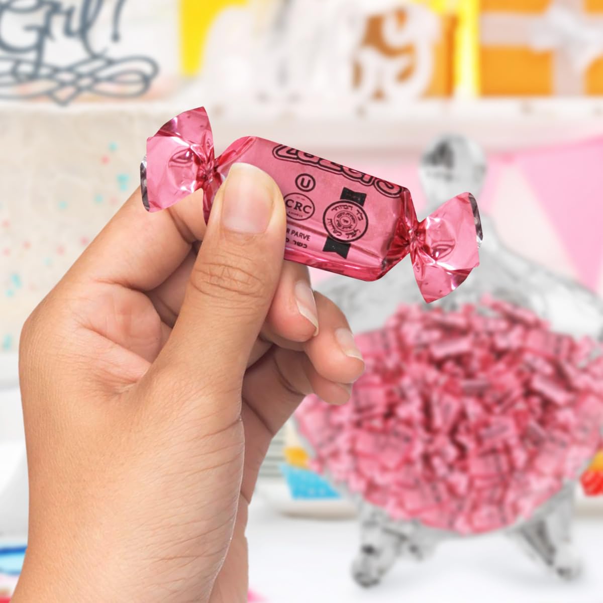 Zazers color-themed party decor candy for gender reveals and baby showers