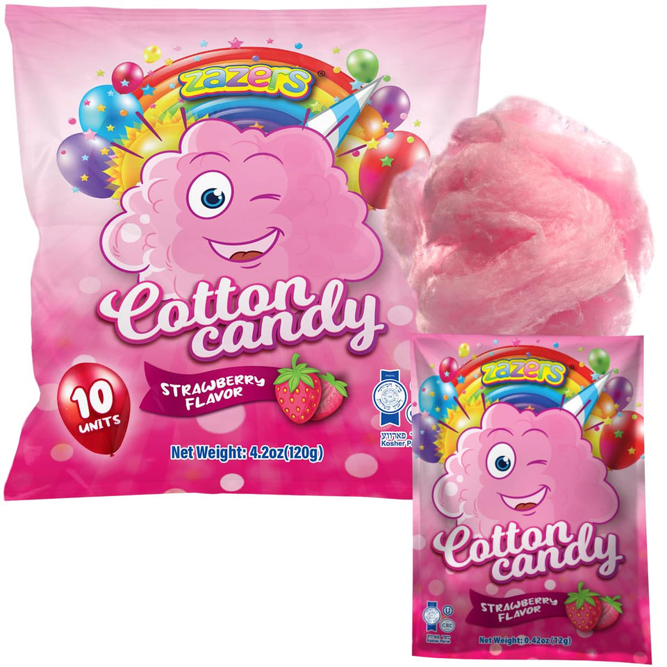 Zazers cotton candy bulk pack showcasing ten individual bags for easy party prep.