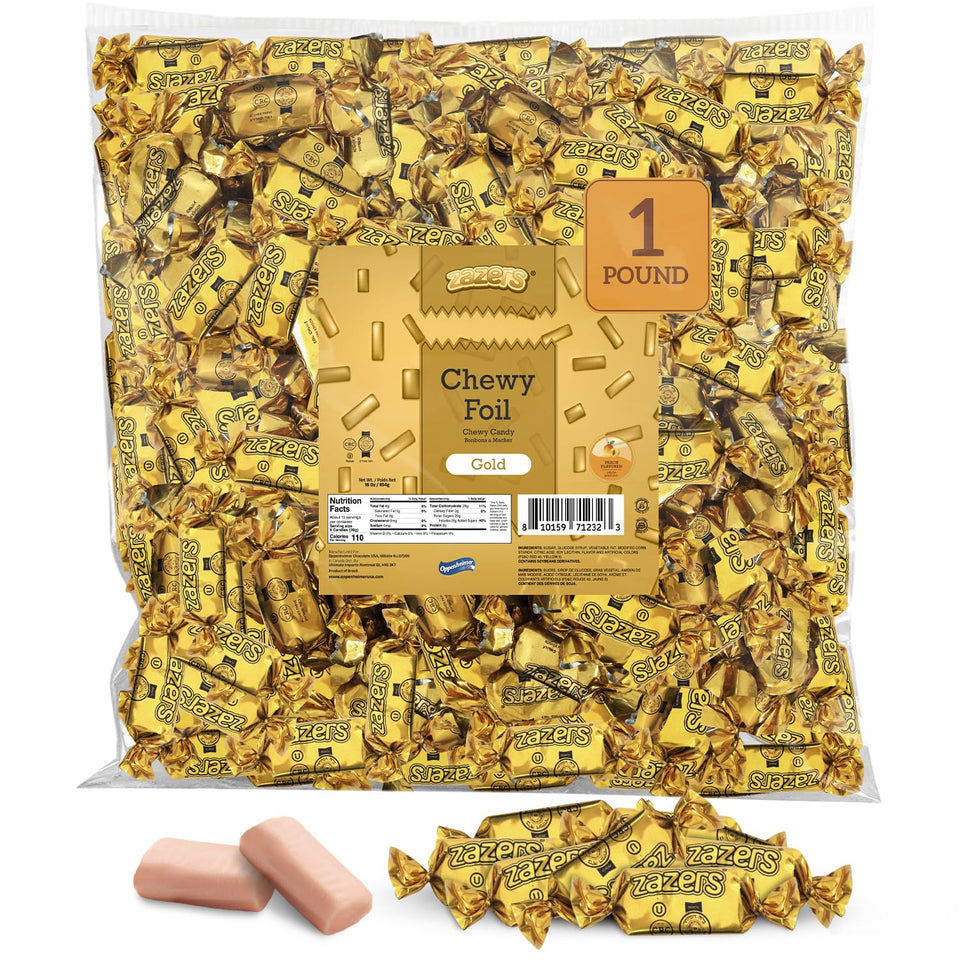 Zazers Gold Chewy Foil Candy peach flavor, 1 lb, luxurious centerpiece candy.