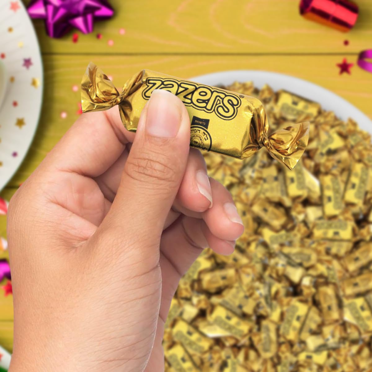 Zazers gold-foil candies decorate parties with elegance and color.