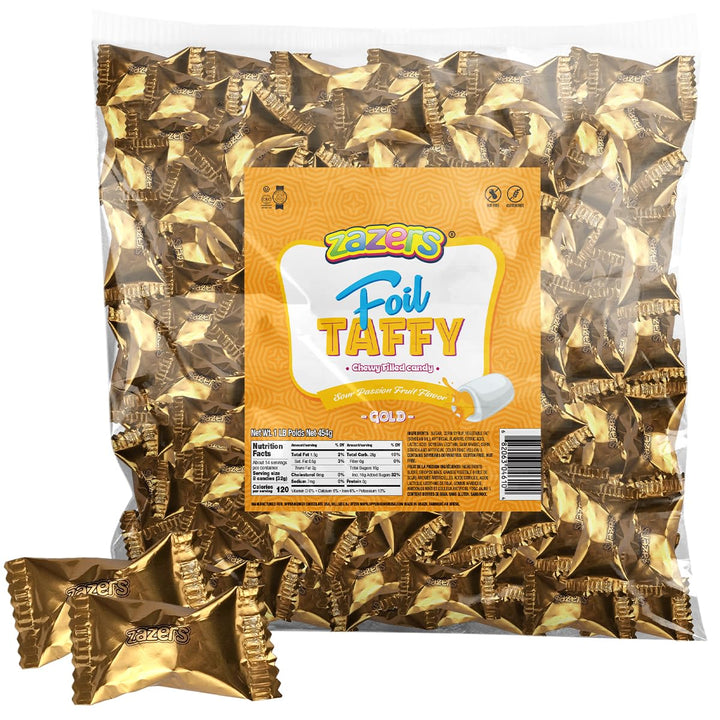 Zazers gold-foil taffy bag showcases festive packaging for celebrations.