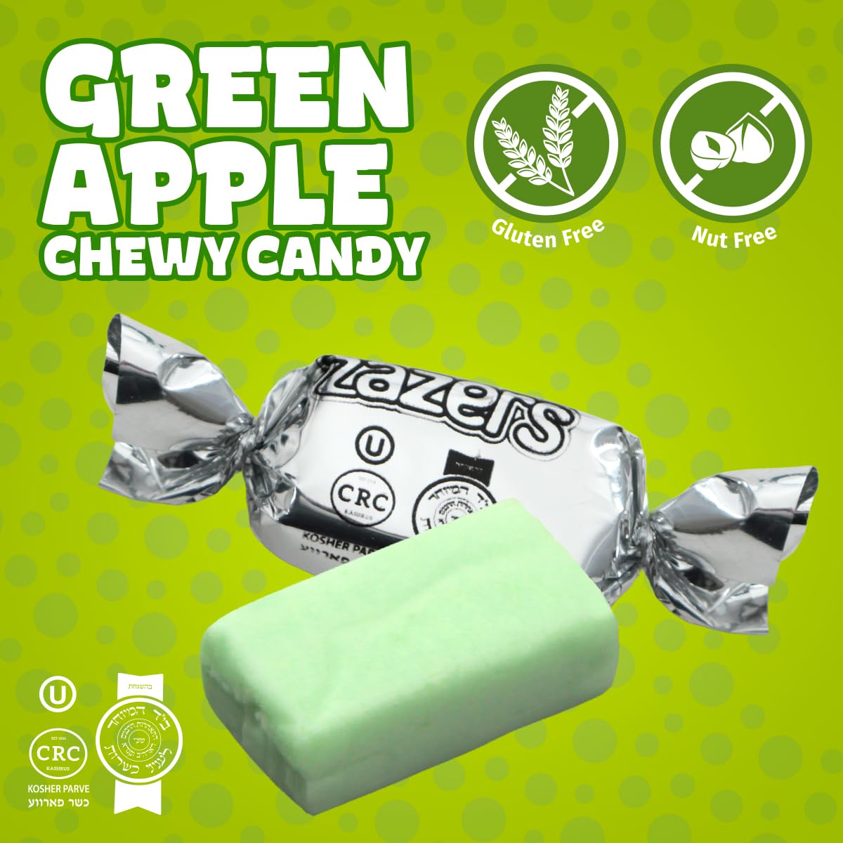 Zazers green apple-flavored chewy candy close-up, crisp sweetness for fresh office treats.