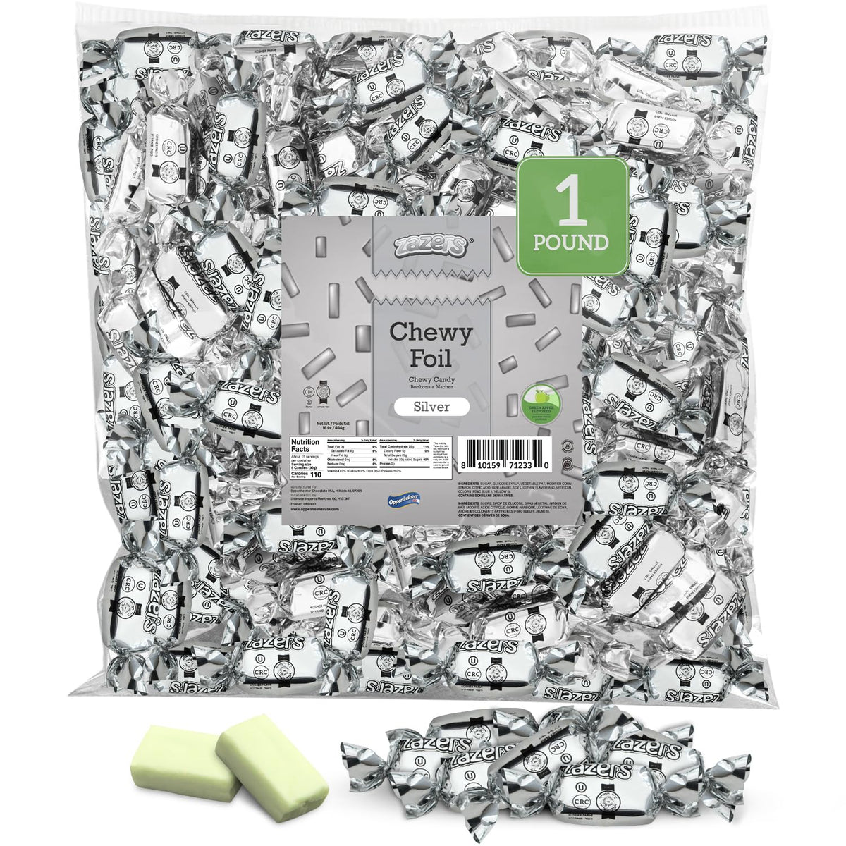 Zazers silver chewy candy in green apple flavor, 1lb package for elegant party favors.