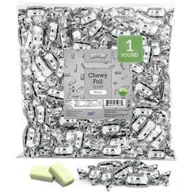 Zazers silver chewy candy in green apple flavor, 1lb package for elegant party favors.