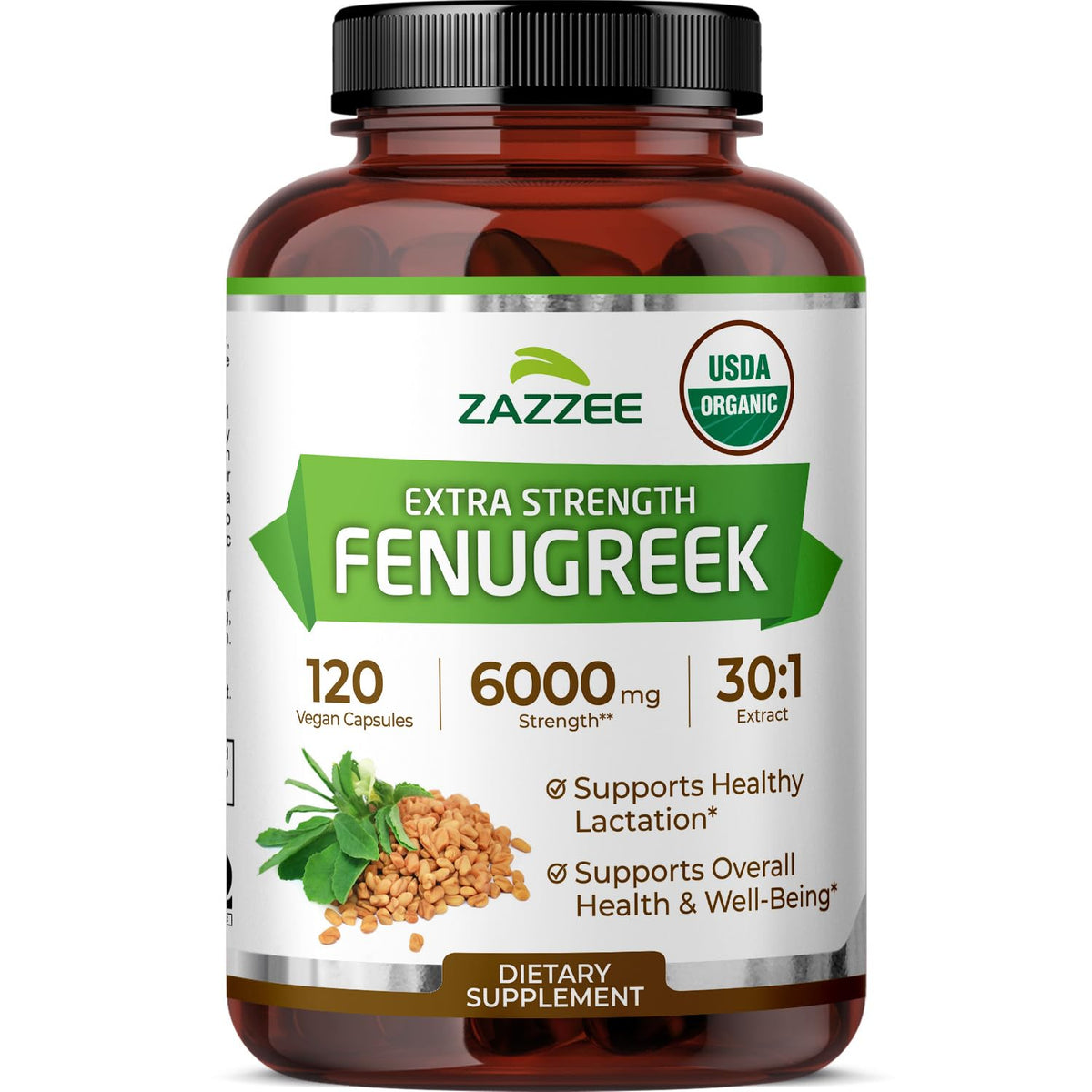 Zazzee fenugreek 30:1 extract bottle showing potent lactation support