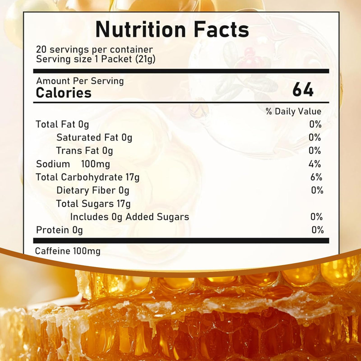 Zdiwond Nutrition Honey Packets label ingredients confirms pure four-ingredient formula.