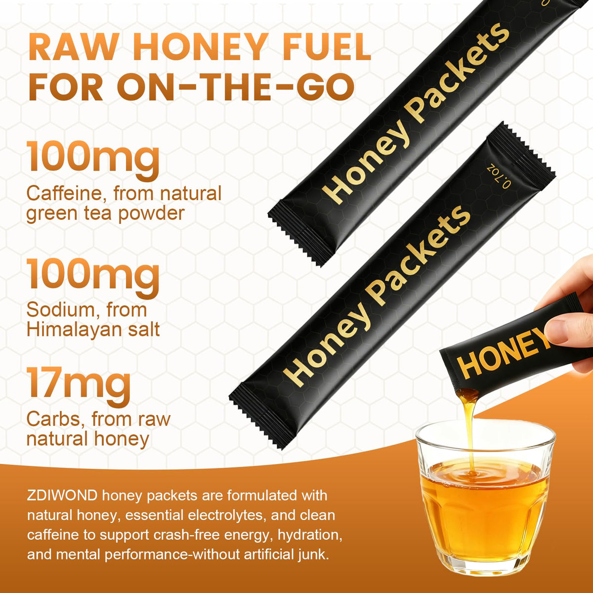Zdiwond Nutrition Honey Packets Lions Mane visual emphasizes focus support for busy days.