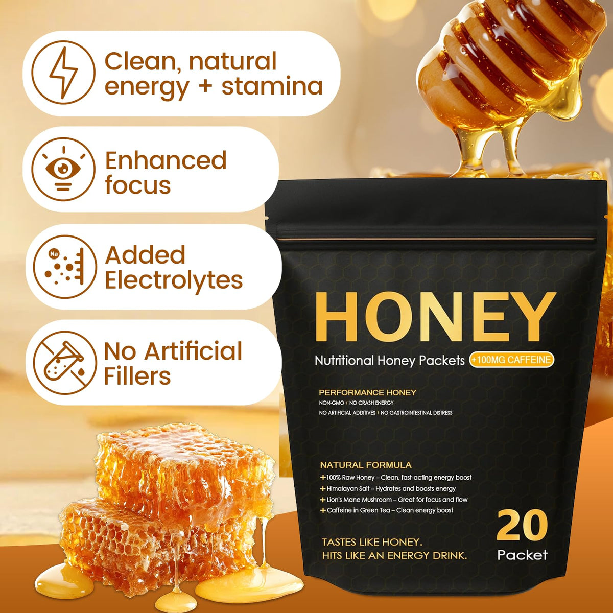 Zdiwond Nutrition Honey Packets on-the-go use demonstrates tear-and-squeeze convenience.
