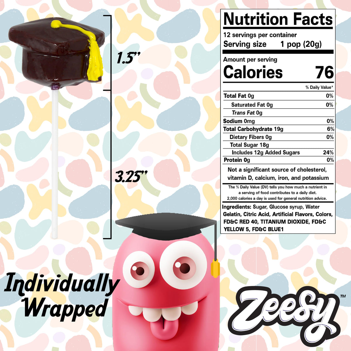 Zeesy black graduation cap lollipops add a bold dessert-table accent.