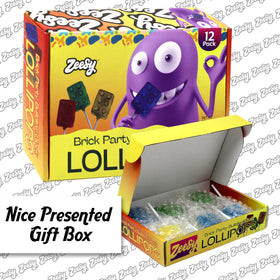 Zeesy brick-building-block-lollipop in green, great for Lego celebrations.