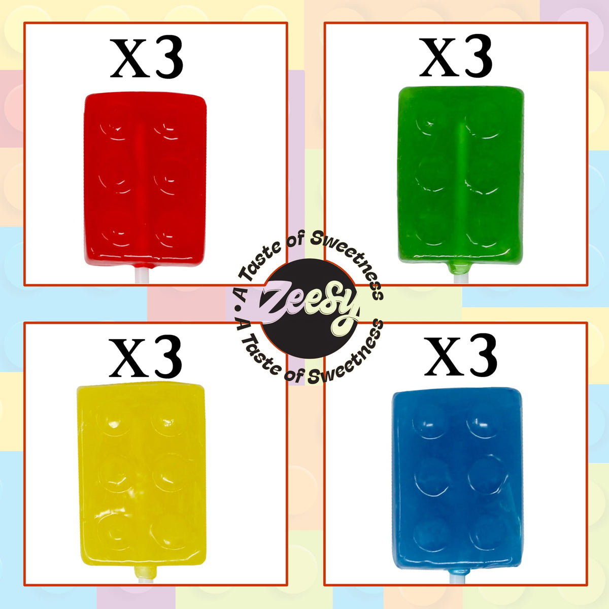 Zeesy brick-building-block-lollipop in orange, ideal for candy stations.