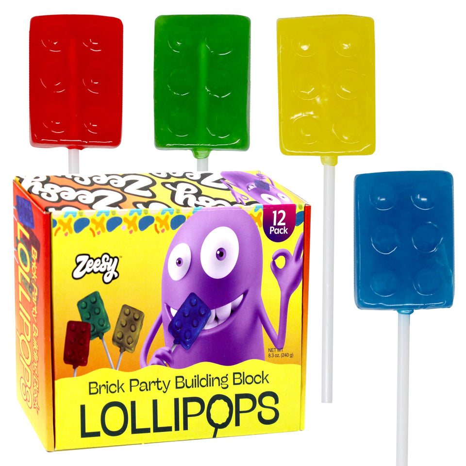 Zeesy brick-building-block-lollipop in red, ideal for Lego-themed party favors.