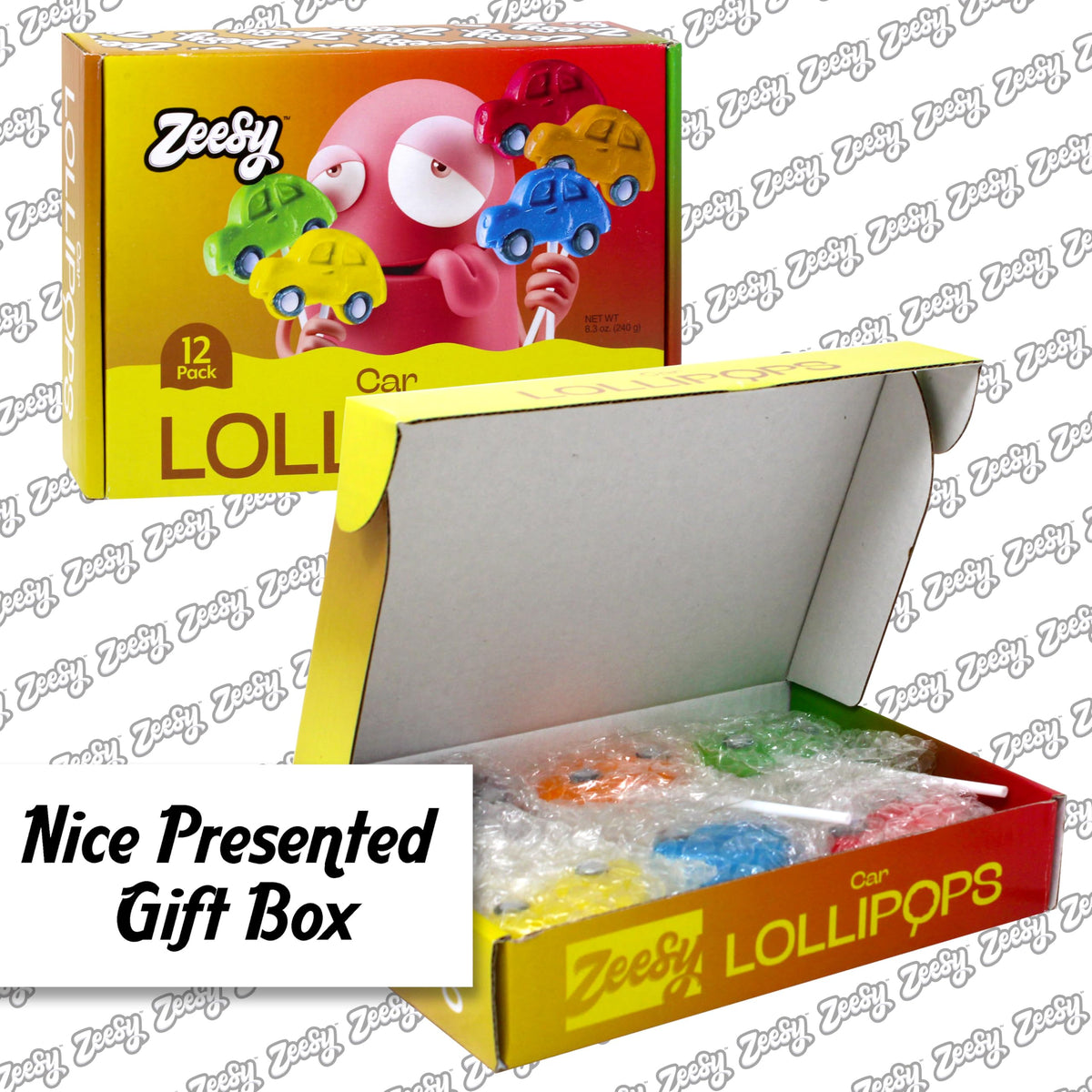 Zeesy car-shaped lollipop orange, bright centerpiece on tables.