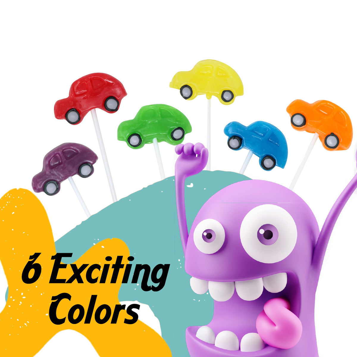 Zeesy car-shaped lollipop yellow, sunny accents for goodie bags.