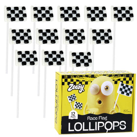 Zeesy checkered flag lollipop, individually wrapped for freshness and easy sharing.