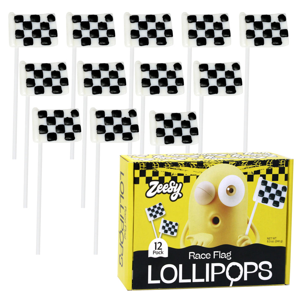 Zeesy checkered flag lollipop, individually wrapped for freshness and easy sharing.
