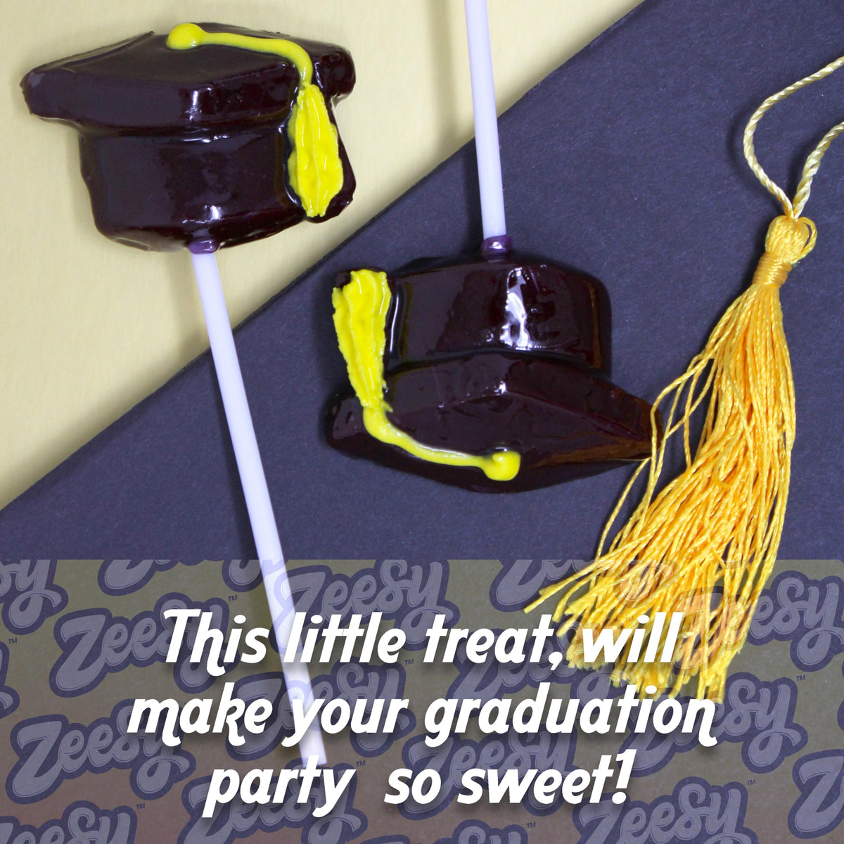 Zeesy Graduation Cap Lollipops shaped treats ideal for photo opportunities.