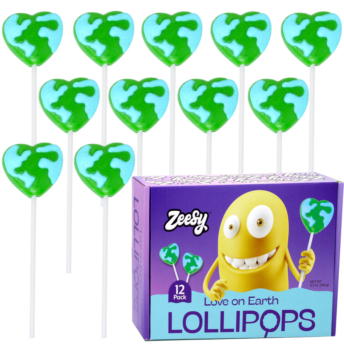 Zeesy heart Earth Day lollipop with world map for eco-friendly party favors.