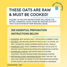 ZEGO oats bag label close-up highlighting gluten-free Purity Protocol and quality