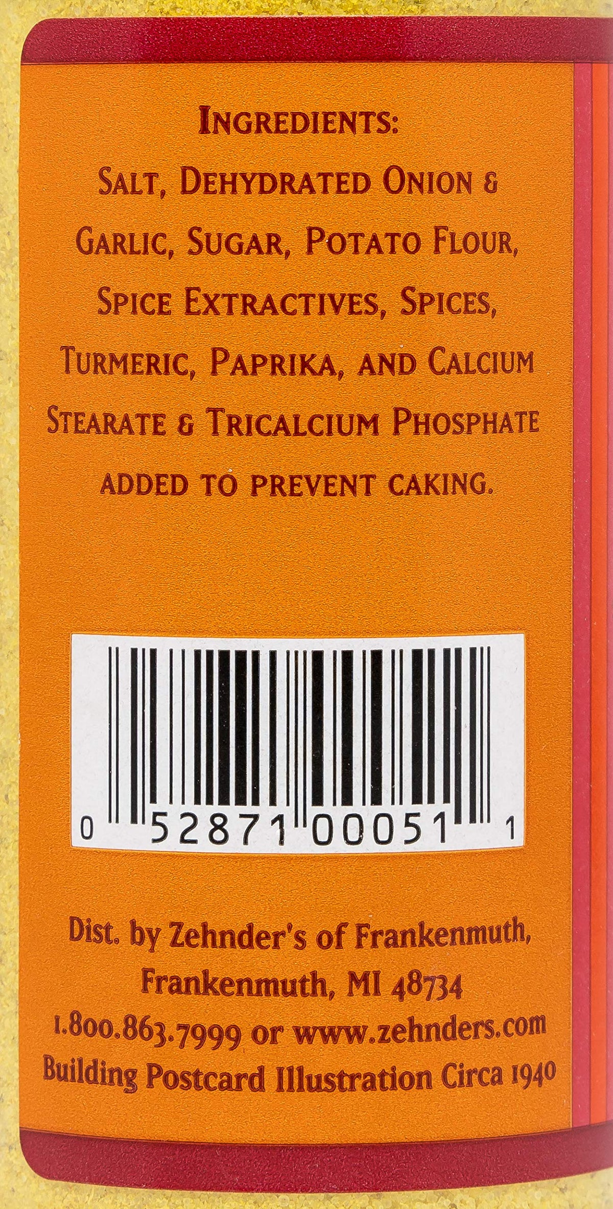 Zehnder's Chicken Seasoning jar closeup showing gluten-free, MSG-free blend
