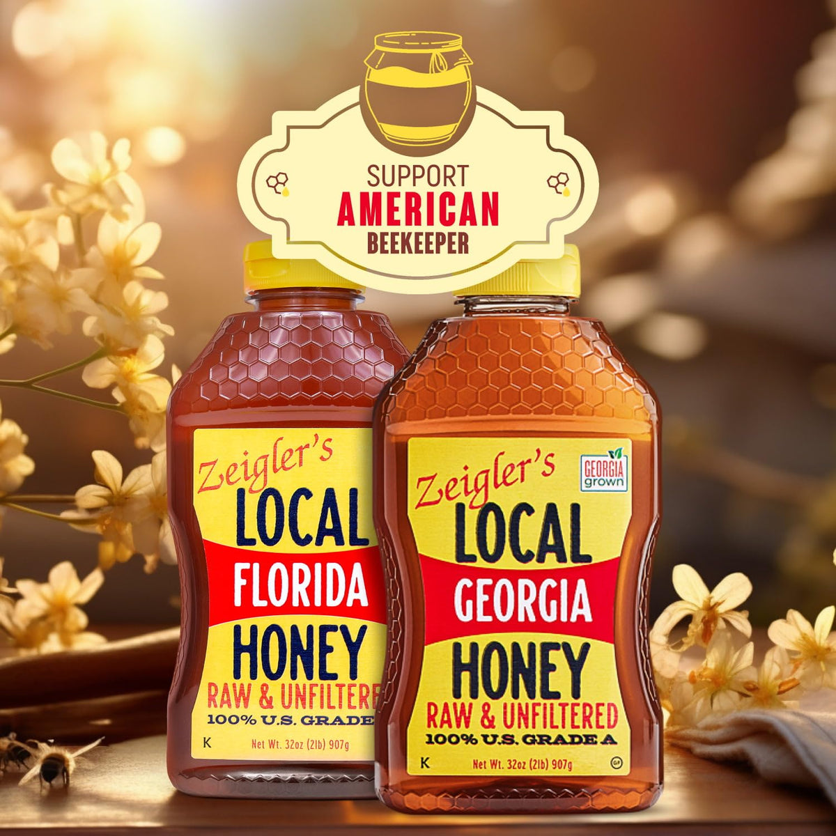 Front view of Zeigler's Florida honey 32oz squeeze bottle on counter