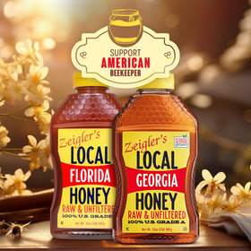 Front view of Zeigler's Florida honey 32oz squeeze bottle on counter