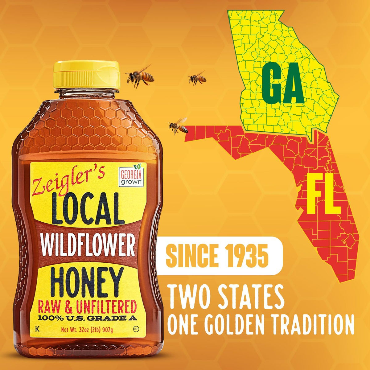 Zeigler's honey bottle label shows Georgia Grown purity and authenticity