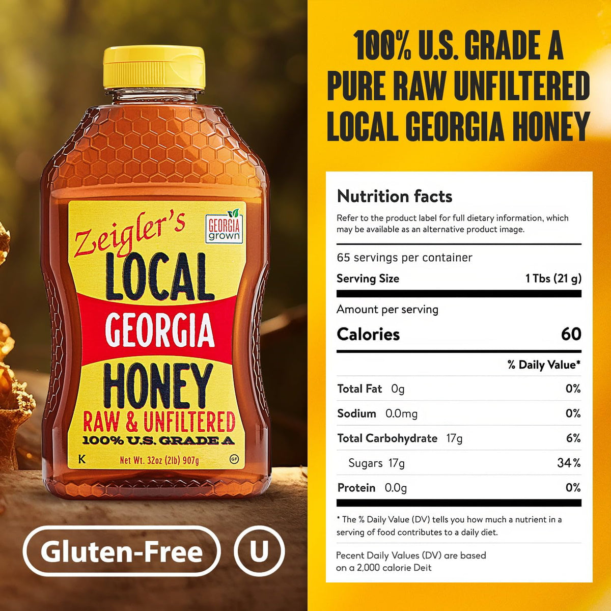 ZEIGLER'S Georgia honey squeeze bottle pouring for everyday use.