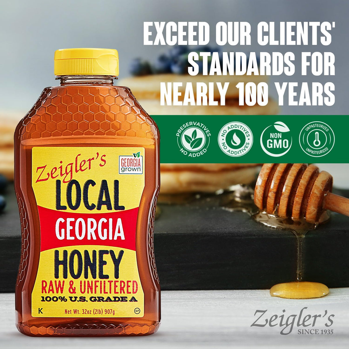 ZEIGLER'S honey being drizzled into tea, a natural sweetener.