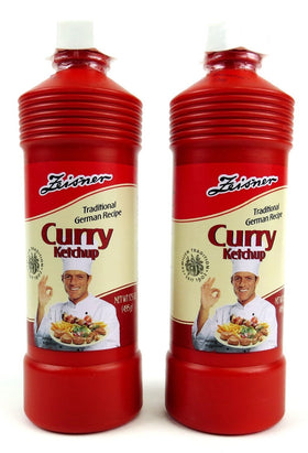 Zeisner Curry Ketchup two-bottle bundle, front view, great with Bratwurst and fries.