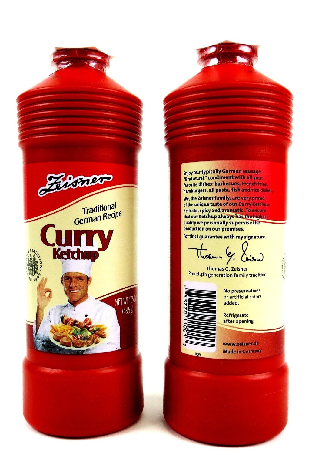 Zeisner Curry Ketchup label close-up showcasing traditional German recipe.